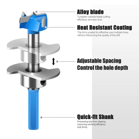 Five Piece Carbide Tipped Forstner Drill Bit Set With Hex Shank And Adjustable Sizing For Sweet Woodworking shows alloy blade and adjustable spacing details.