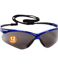 Nemesis V30 Safety Glasses with smoke anti-fog lenses, blue metallic frame, shown with strap, unisex eyewear 12 pairs per case