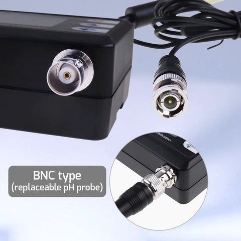 BNC type connector on All In One pH and Temperature Meter for Aquariums and Hydroponics, showing replaceable pH probe close-up.