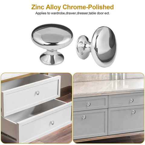 Sleek Polished Chrome Cabinet Knobs 4 Pack Round Mushroom Drawer Handles, 30mm Diameter, Zinc Alloy, Includes M4 Screws, Front Thickness About 25mm Fit, No Fuss Kitchen Upgrade for Cabinets and Furniture on white drawers