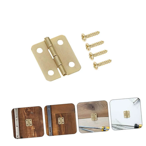 Golden 40 Piece Iron Miniature Hinges With Screws For Jewelry Box And Wooden Chest, showing hinge and installation views