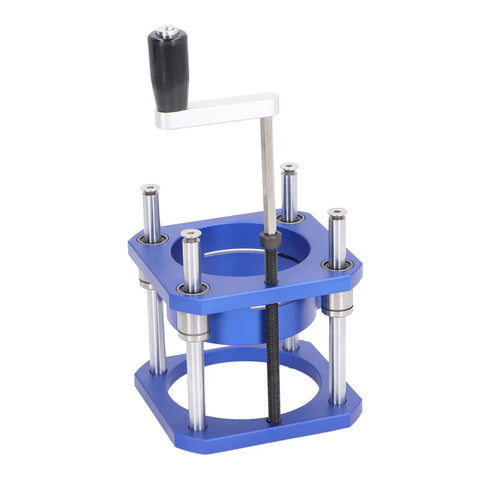 Top Shelf Aluminum Router Lift System With Smooth Dial Adjustment Handle And Rock Solid Build For 64 To 65Mm Routers close-up view showing blue aluminum construction and precise adjustment lever