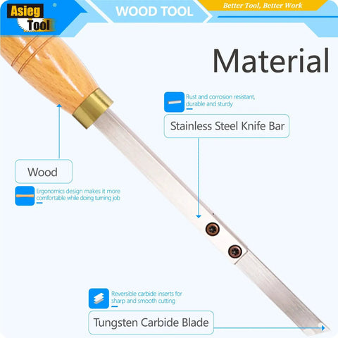 Parting And Grooving Wood Turning Tool For Lathe Pros, 19.68 Inch Length, showing ergonomic wood handle and stainless steel shaft with carbide tip.