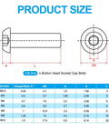 Product size chart for Rock Solid Top Shelf 100 Pack M3 X 0.5mm Pitch 10mm Length 304 Stainless Steel Button Head Socket Cap Screws.