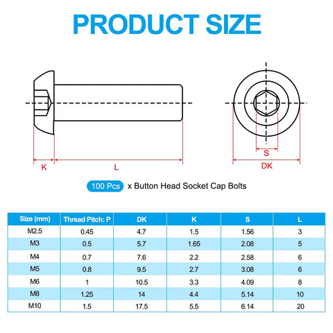Product size chart for Rock Solid Top Shelf 100 Pack M3 X 0.5mm Pitch 10mm Length 304 Stainless Steel Button Head Socket Cap Screws.