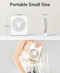 Compact USB Rechargeable Desk Fan size comparison, showcasing 20.4cm height and 14.4cm width, fits in a clear tote bag.