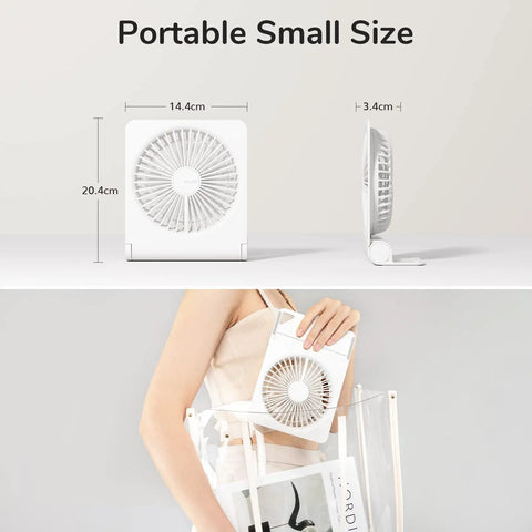 Compact USB Rechargeable Desk Fan size comparison, showcasing 20.4cm height and 14.4cm width, fits in a clear tote bag.