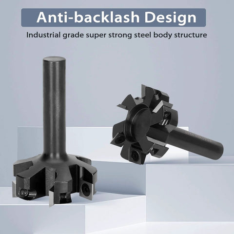 Beefy Slab Flattening Router Bit For CNC Surfacing Half Inch Shank Two Inch Cutting Diameter Six Wing Planing Bit With Carbide Inserts High RPM Up To Twenty Thousand Includes Six Screws Upgrade showing industrial steel body design