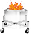 Beefy Heavy Duty Fire Pit Rolling Stand With 360 Swivel And Locking Wheels Universal Fit 15 To 27 Inch Pits, stainless steel with flame