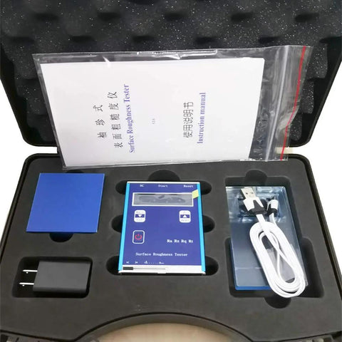 Digital Surface Roughness Tester With Ra Rz Rq Rt in packaging, includes cables and instruction manual in a protective case
