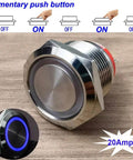 Rugged 19mm Stainless Steel Momentary Push Button Switch With Blue LED Waterproof 4 Pin SPST Built To Last 20A 12 To 24V
