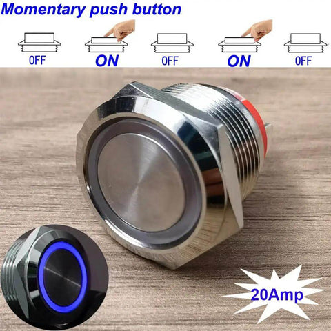 Rugged 19mm Stainless Steel Momentary Push Button Switch With Blue LED Waterproof 4 Pin SPST Built To Last 20A 12 To 24V