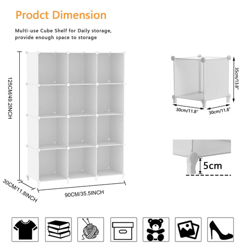 Cube Storage Organizer 12 Cube Bookshelf DIY Plastic Closet Clothes Shelves with Wooden Mallet, dimension details, white finish