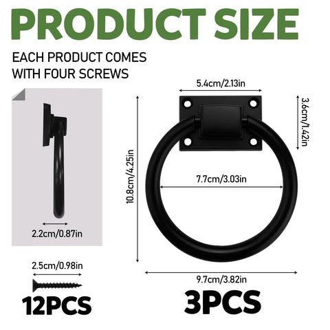 Three Pack Black Sliding Barn Door Ring Pulls With Screws Zinc Alloy Door Handles For Outdoor Use showing product measurements.