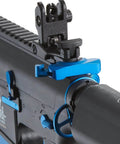 Close-up of Gen 2 M4 SPR Carbine Blue Airsoft AEG Rifle With Top Tier Full Metal Gearbox focusing on rear sight and blue accents