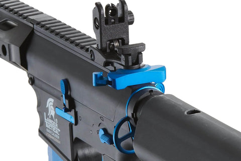 Close-up of Gen 2 M4 SPR Carbine Blue Airsoft AEG Rifle With Top Tier Full Metal Gearbox focusing on rear sight and blue accents