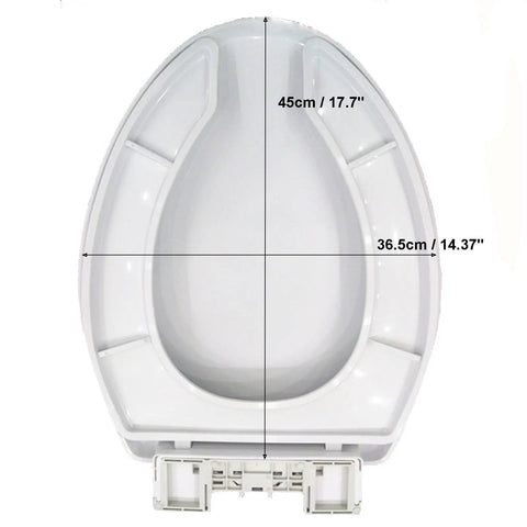 White Elongated Open Front Toilet Seat With Lid Smooth Slow Close Hinge Slick Quick Release Setup Banger Fit Design Zero Hassle Cleaning Top Shelf Bathroom Upgrades For Standard Homes measuring 17.7 x 14.37 inches.