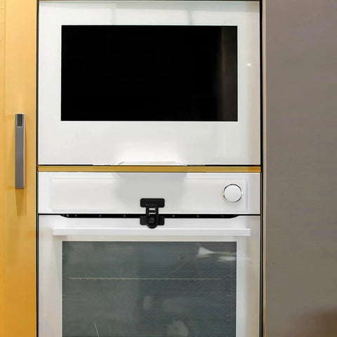 Four Pack Babyproof Cabinet Locks For Ovens And Fridges With One Click Operation on a modern white oven setup