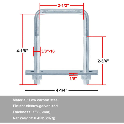 Diagram of Eight Pack Two And A Half Inch Wide Square U Bolts For Trailer Boat Plumbing Roof Rack Electro Galvanized Steel Three Eighths Inch Thread Adjustable One And Three Eighths To Three And One Half Inch Low Carbon Heavy Duty Durable U Bolt Hardware with measurements.