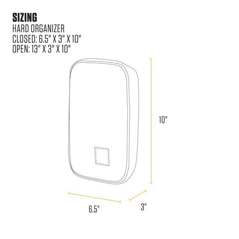 Sizing diagram for Heavy Duty Utility Tool Organizer With Hard Shell Protection Flexible Brown Case dimensions 6.5" x 3" x 10".