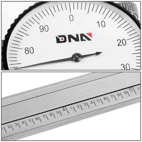 Close-up of Pro Grade Stainless Steel Dial Caliper 6 Inch Measuring Micrometer with Lockable Head, showing dial and scale.
