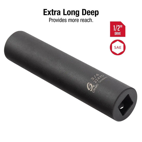One Half Inch Drive Three Quarter Inch Extra Long Deep Impact Socket Built From Cr Mo Alloy Steel Radius Corner Design Dual Size Markings For Heavy Duty Torque And Auto Garage Jobs