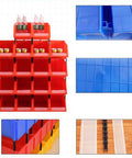 Top Tier Heavy Duty Parts Rack With Garage Storage Bins For Tool Organization And Workshop Supplies showing blue and red bins, ideal for project supplies.