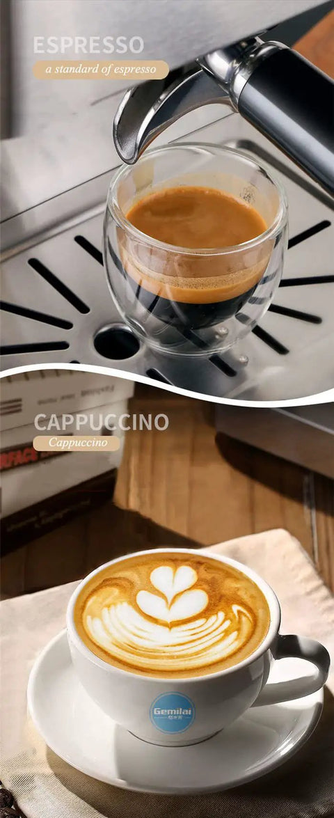 Semi Automatic Espresso Machine With Built In Milk Frother And One Touch Steam Wand For Buttery Smooth Lattes And Rich Cappuccinos: Espresso shot and cappuccino in glass and cup.
