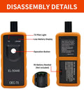 Professional TPMS Relearn Tool For Tire Pressure Monitor Activation And Universal Sensor Reset showing operation button and battery details.