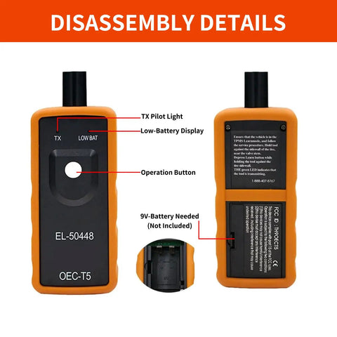 Professional TPMS Relearn Tool For Tire Pressure Monitor Activation And Universal Sensor Reset showing operation button and battery details.