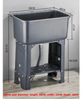 Black heavy duty freestanding slop sink with built-in storage shelf, durable PP, one button drain, 60x40x76.5cm, 200kg capacity.