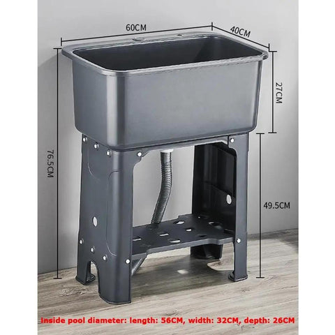 Black heavy duty freestanding slop sink with built-in storage shelf, durable PP, one button drain, 60x40x76.5cm, 200kg capacity.