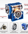CNCTOPBAOS NMRV040 worm gear reducer (20:1) front view in blue aluminum box; steel worm, copper gear, oil seal
