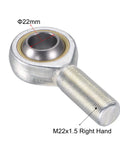 22mm Bore Spherical Rod End Bearing With M22x1.5 Right Hand Male Thread, Heavy Duty Built To Last Self Lubricated Joint For Hydraulic Cylinders, Forging Machines, And Industrial Equipment, 15 Degree Angular Misalignment, Steel Body. Close-up of 22mm bore rod end with M22x1.5 right hand thread, steel body
