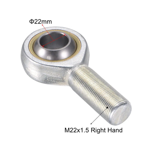 22mm Bore Spherical Rod End Bearing With M22x1.5 Right Hand Male Thread, Heavy Duty Built To Last Self Lubricated Joint For Hydraulic Cylinders, Forging Machines, And Industrial Equipment, 15 Degree Angular Misalignment, Steel Body. Close-up of 22mm bore rod end with M22x1.5 right hand thread, steel body