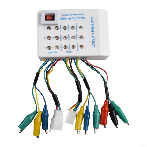 No Fuss Brushless Motor Controller Tester Designed For Electric Bikes And Scooters with colored wires and testing ports.