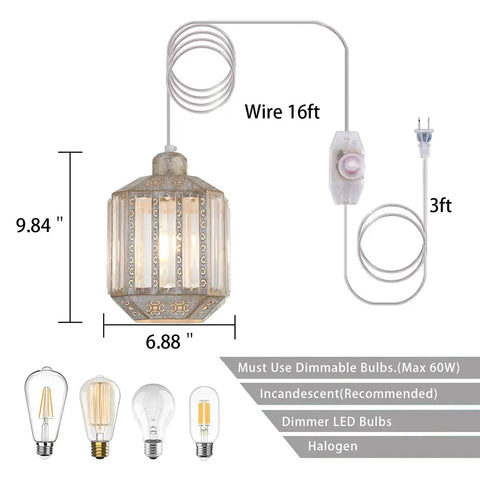 Boho Hanging Plug In Lamp With Dimmable 16.4 Ft Cord Rustic White Crystal Swag Pendant Light dimensions and bulb types