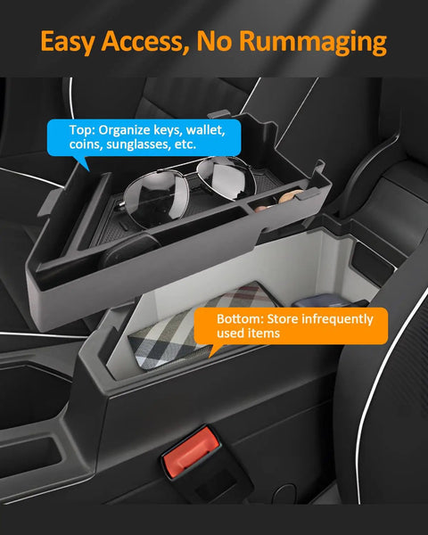 Jetta Center Console Organizer Tray For Volkswagen VW 2020 2021 2022 2023 2024 2025 2026 Custom Fit Armrest Storage Box Insert with items organized