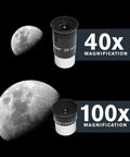 StarSense Explorer LT 114AZ App Enabled Telescope With Smartphone Dock And StarSense App showing 40x and 100x magnification lenses