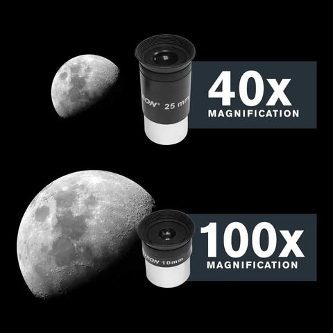 StarSense Explorer LT 114AZ App Enabled Telescope With Smartphone Dock And StarSense App showing 40x and 100x magnification lenses