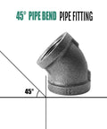 Black Cast Iron Half Inch 45 Degree Female Elbow Pipe Fitting Pack Of Four For DIY Steampunk Projects Industrial Shelving Brackets Vintage Home Decor And Everyday Plumbing Use, shown with 45° angle measurement.