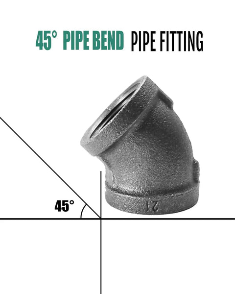 Black Cast Iron Half Inch 45 Degree Female Elbow Pipe Fitting Pack Of Four For DIY Steampunk Projects Industrial Shelving Brackets Vintage Home Decor And Everyday Plumbing Use, shown with 45° angle measurement.