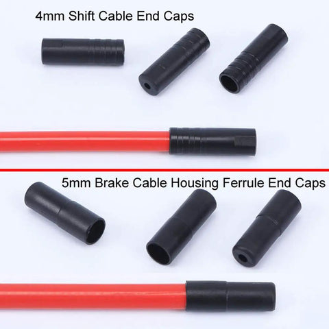 Bike Cable Ferrule End Caps Set For 5mm Brake Cables And 4mm Shift Cables Crimp Plastic Caps 200 Pieces shown with cables