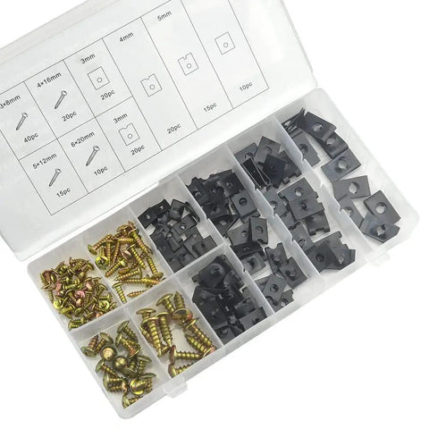 Road Ready 170 Piece U Clip And Screw Kit Black Zinc Plated Pan Head Screws organized in a plastic case, designed for auto repairs.