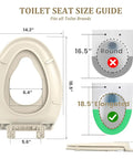 Toilet seat size guide showing Elongated Toilet Seat With Built In Potty Training Seat For Kids And Adults, 18.5" fit check.