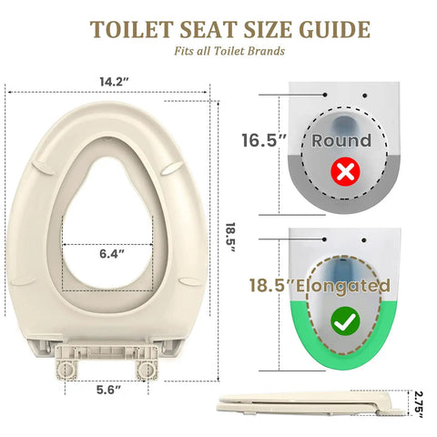 Toilet seat size guide showing Elongated Toilet Seat With Built In Potty Training Seat For Kids And Adults, 18.5" fit check.