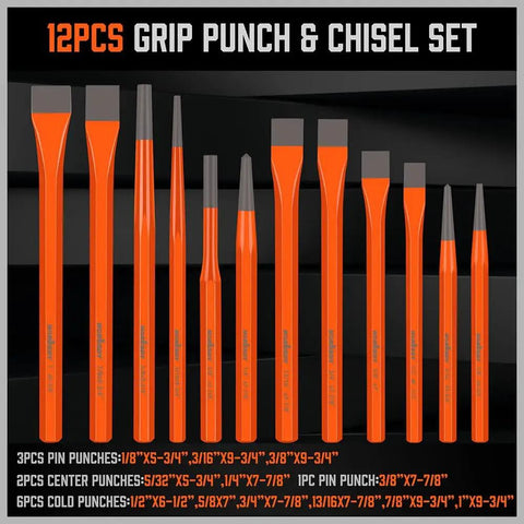 12PCS Grip Punch and Chisel Set of orange tools for precision alignment, featuring various sizes for versatile repairs.