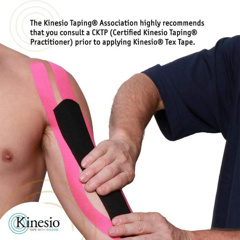 Legit Elastic Therapeutic Tape For Muscle Recovery And Pain Relief Red Athletic Kinesiology Bandage Roll 2 X 16.4 Feet Made In Usa, applied to arm.