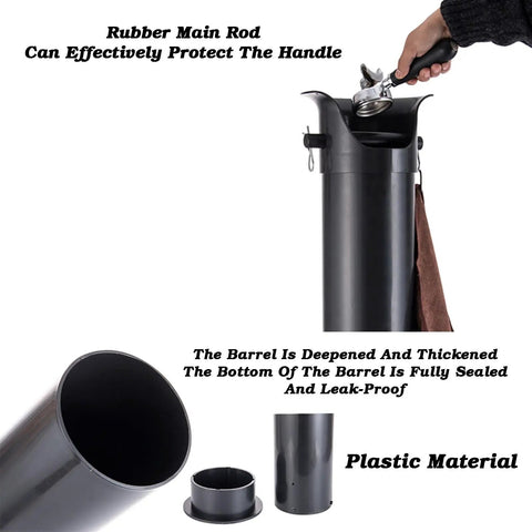 Pro Level Espresso Knock Box Floor Standing Coffee Grounds Bucket with rubber main rod and leak-proof barrel, matte black finish.