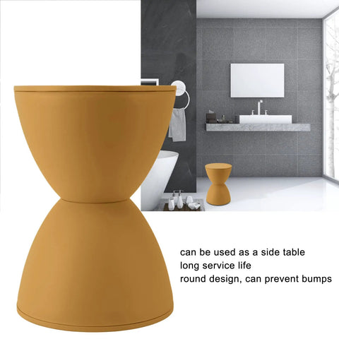 Totally Legit Go To Upgrade Your Living Room Featuring This Premium Hourglass Side Table Doubling As A Round Accent Stool Fully Versatile Dual Sided Plastic Design Built For Chill Vibes Makeup Sessions Or Casual Shoe Changing In Ginger, round plastic stool in ginger color.